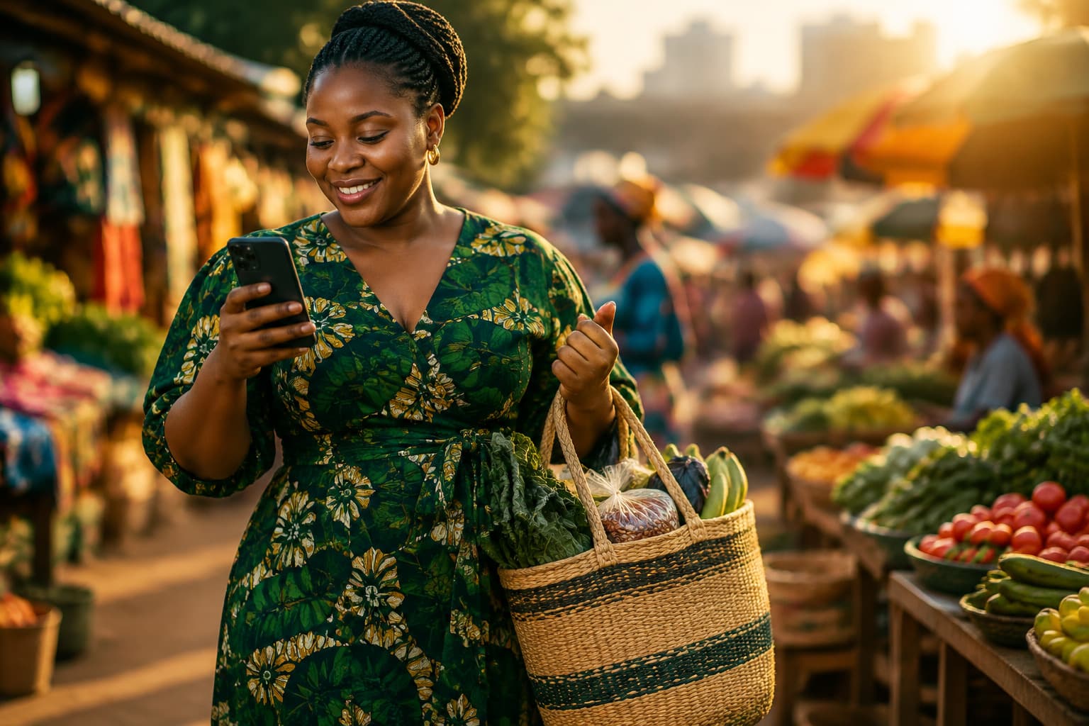 Trader holding a phone and shopping bag