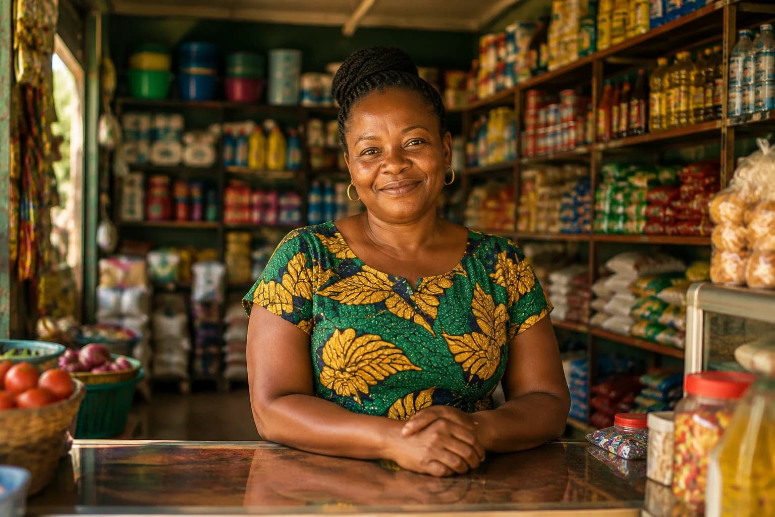 Ugandan shop owner in their business